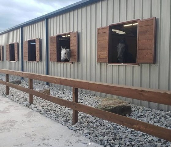 Photo of the main barn - horses sticking heads out barn windows